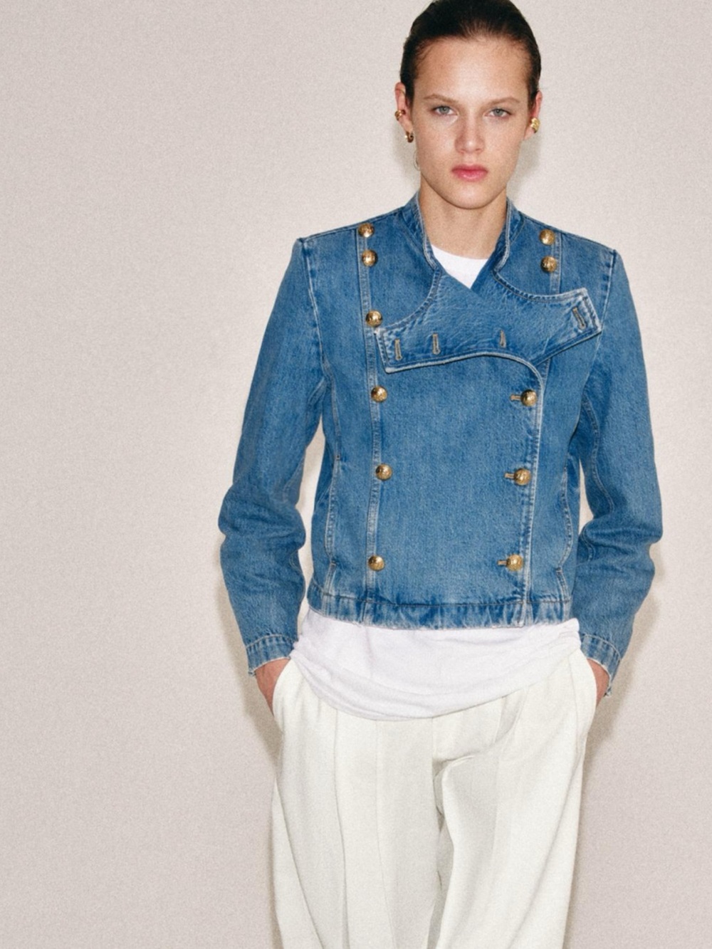 Zara Blue Double-Breasted Denim Jacket with Gold Buttons